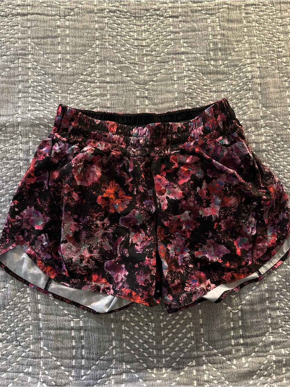 lululemon athletica Black Floral Athletic Shorts with Pink & Purple Accents